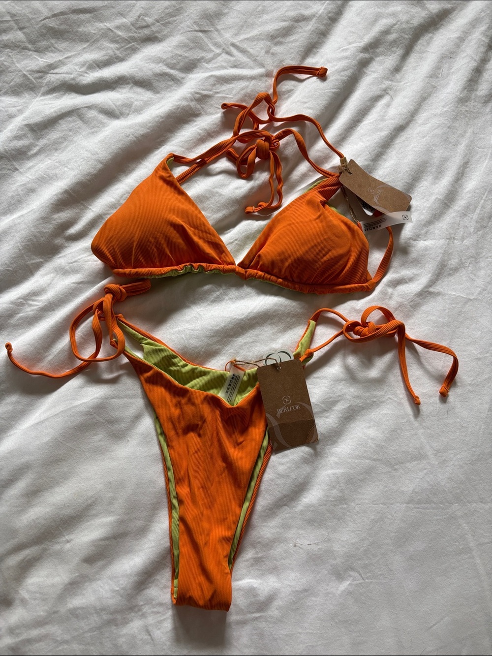 NEW WITH TAGS Berlook Reversible Orange & Lime Ribbed Triangle Bikini Set